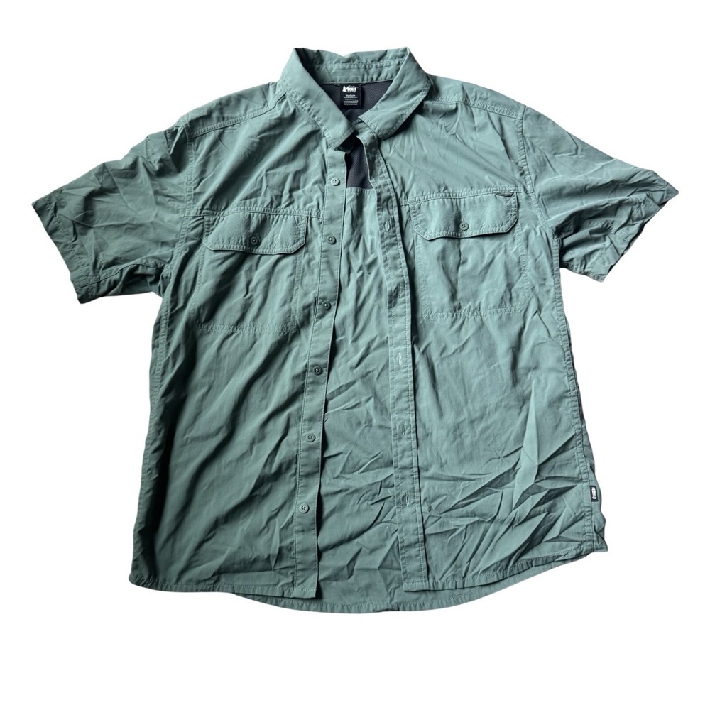 REI Co-Op Men Green Short Sleeve Hiking Outdoor Button Shirt Size Medium